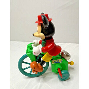 Disney Mickey Mouse Firefighter Wind-Up Toy on Tricycle 1990s Vintage Works
